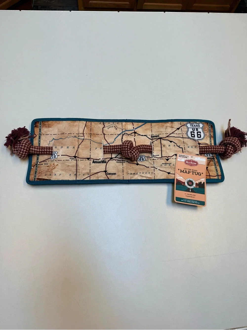 Map-Print Tug Toy with Teal Trim and Brown Rope